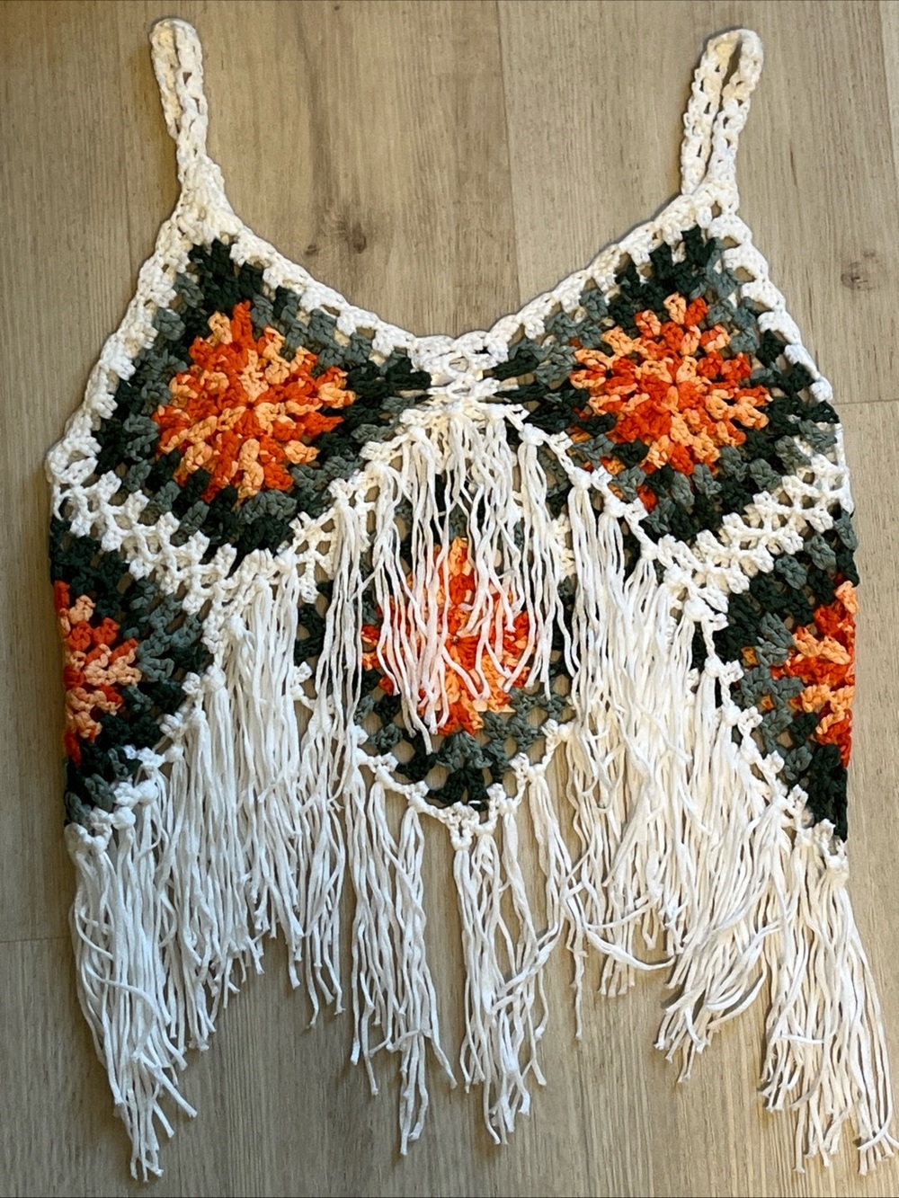 Crochet Fringe Granny Crop Top in Cream with Orange & Green Accents